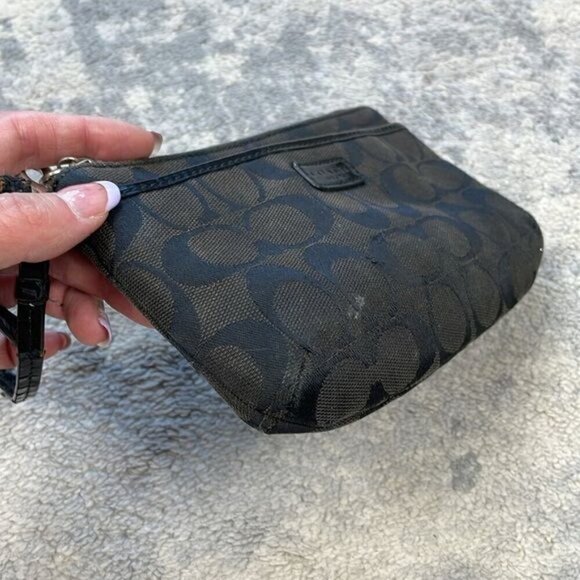 Coach Signature Zip Top Wristlet Pouch Monogram Black Dark Brown - Picture 5 of 16